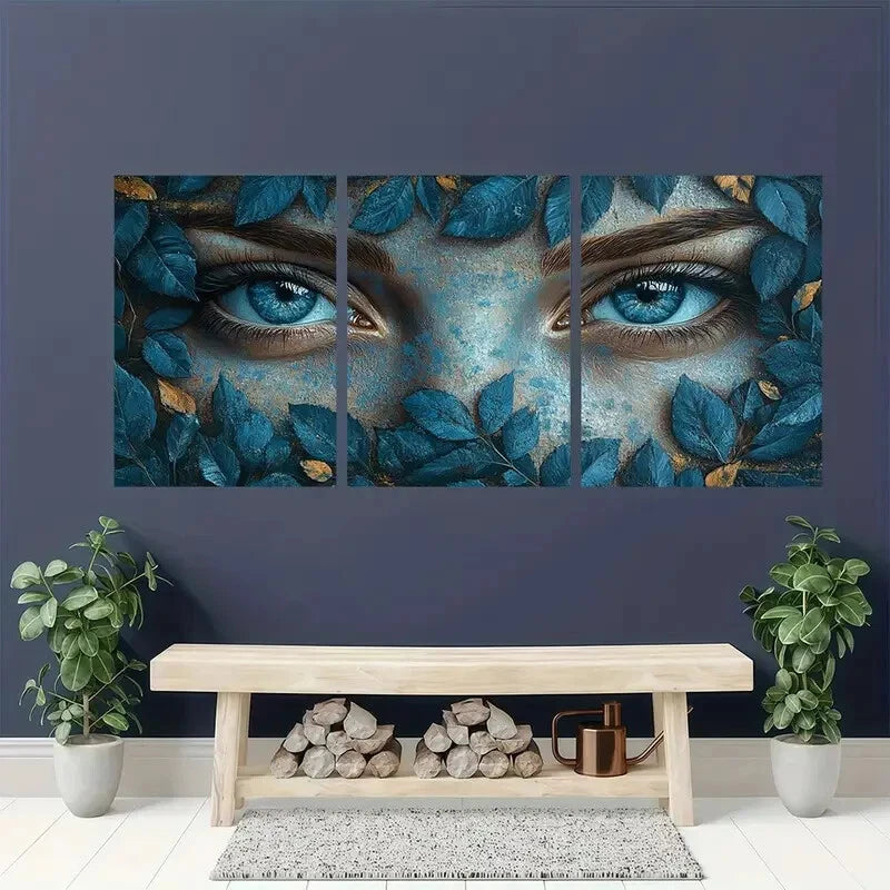 3pcs Mystical Blue Eyed Woman Leaf & Flower Metal Print Ready to Hang Art