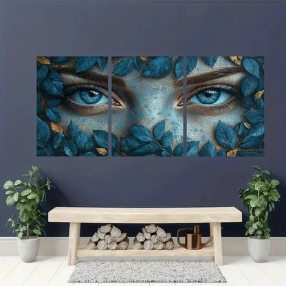 3pcs Mystical Blue Eyed Woman Leaf & Flower Metal Print Ready to Hang Art