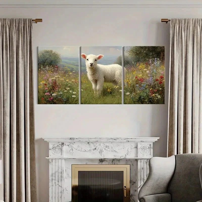 3pcs Lamb in Meadow with Vibrant Wildflowers Metal Print Ready to Hang Art