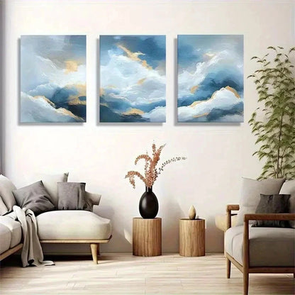 3pcs Landscape with Blue & Golden Brushstrokes Wall Art Set Canvas Framed 60x90cm - High Quality Print 100% Australian Made Wall Canvas Ready to Hang
