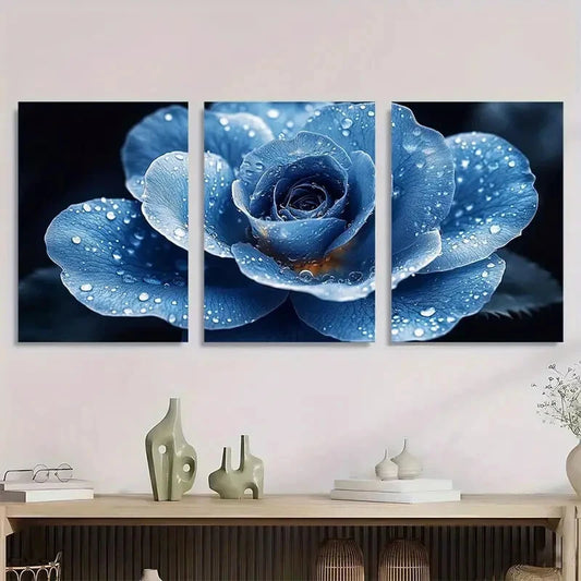 3pcs Elegant Blue White Rose Floral Design Metal Print Ready to Hang Art