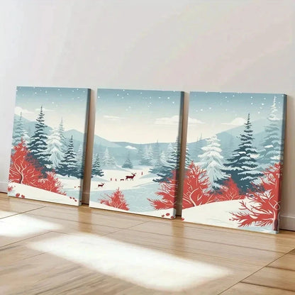 3pcs Snow Scene with Elk Modern Decor Wall Art Set Canvas Framed 40x60cm - High Quality Print 100% Australian Made Wall Canvas Ready to Hang