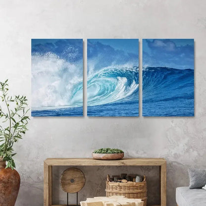 3pcs Modern Ocean Wave Blue Themed Metal Print Ready to Hang Art