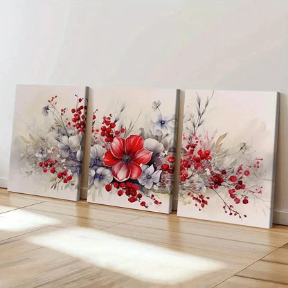 3pcs Red Flower Bouquet Abstract Floral Wall Art Set Canvas Framed 50x70cm - High Quality Print 100% Australian Made Wall Canvas Ready to Hang