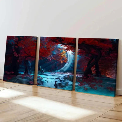 3pcs Maple Forest Rabbit Anime Landscape Wall Art Set Canvas Framed 40x60cm - High Quality Print 100% Australian Made Wall Canvas Ready to Hang
