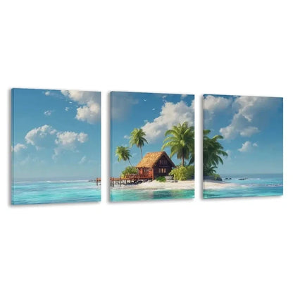 3pcs Overwater Bungalow & Palm Tree Beach Scene Wall Art Set Canvas Framed 60x90cm - High Quality Print 100% Australian Made Wall Canvas Ready to Hang