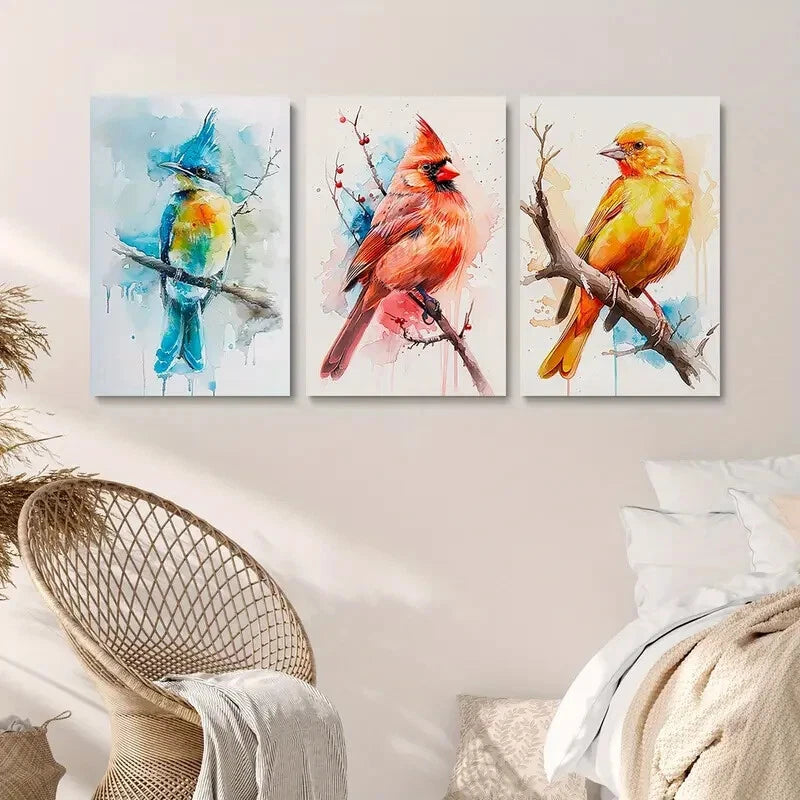 3pcs Colourful Bird Painting Blue & Yellow Metal Print Ready to Hang Art