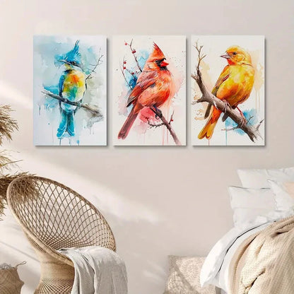 3pcs Colourful Bird Painting Blue & Yellow Metal Print Ready to Hang Art