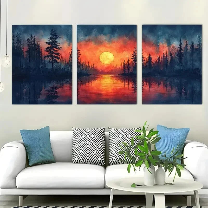3pcs Vibrant Sunset Lake Sunset Décor Perfect Wall Art Set Canvas Framed 40x60cm - High Quality Print 100% Australian Made Wall Canvas Ready to Hang