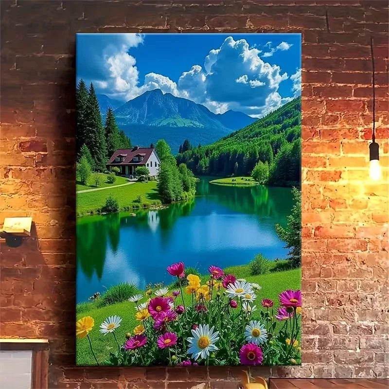 Lakeside House with Flower Bed Metal Print Ready to Hang
