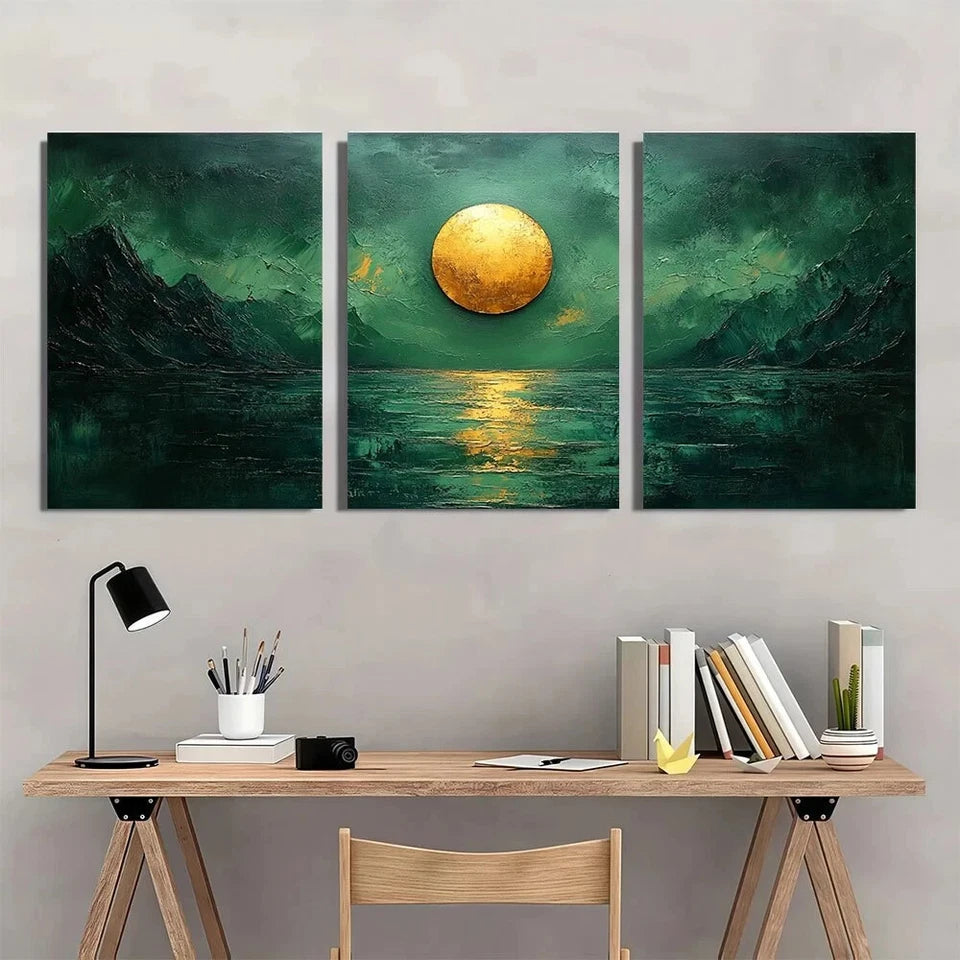 3pcs Green Abstract Mountain & Moon Metal Print Ready to Hang Art