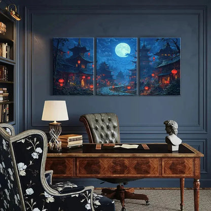 3pcs Moonlit Traditional Ancient Temple Night SceneMetal Print Ready to Hang Art