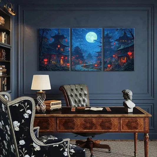 3pcs Moonlit Traditional Ancient Temple Night SceneMetal Print Ready to Hang Art
