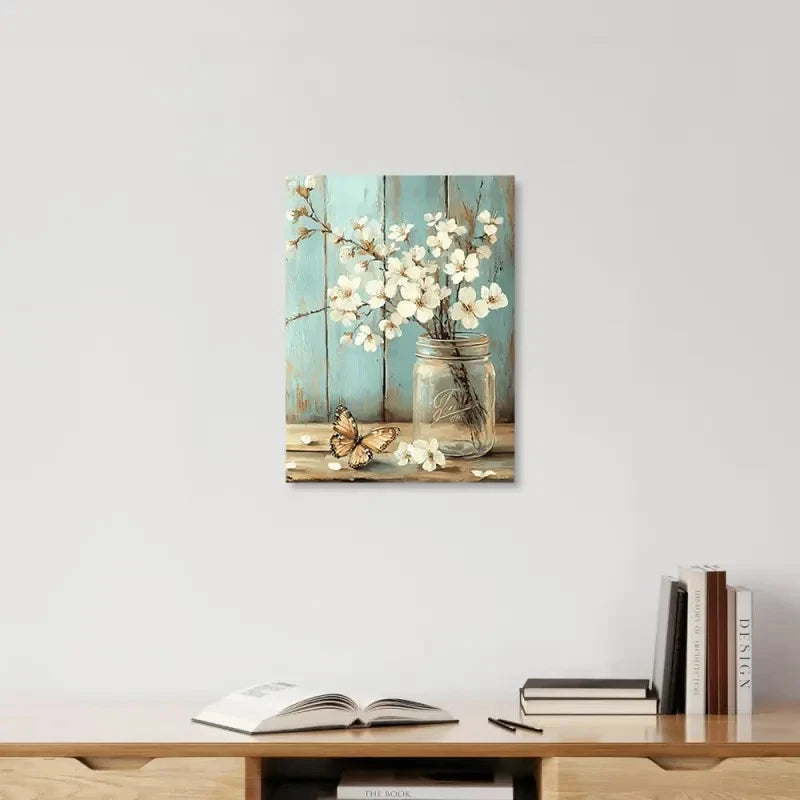 Beautiful Serene Mason Jar & Butterfly Painting 40x60cm Metal Print Ready to Hang