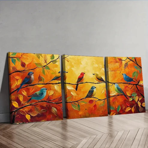 3pcs Birds on Branches & Leaves Nature Perfect Wall Art Set Canvas Unframed - High Quality Print 100% Australian Made Wall Canvas