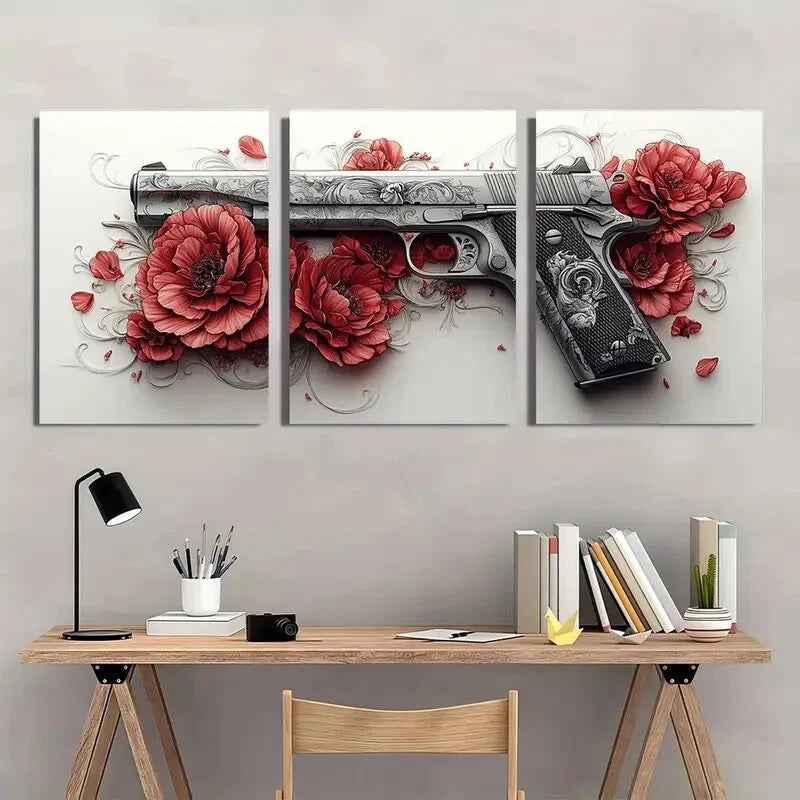 3pcs Elegant Floral & Pistol Red Rose Metal Print Ready to Hang Art