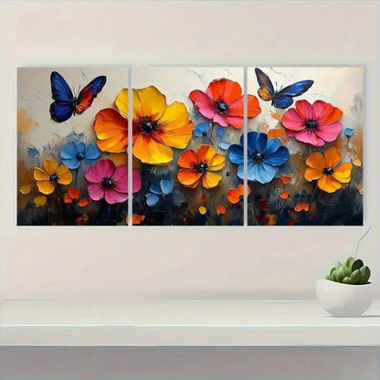 3pcs Vibrant Floral & Butterfly Modern Abstract Metal Print Ready to Hang Art