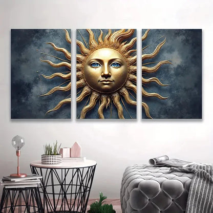 3pcs Golden Sun with Human Face, Blue & Golden Wall Art Set Canvas Framed 60x90cm - High Quality Print 100% Australian Made Wall Canvas Ready to Hang
