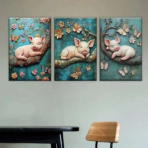 3pcs Whimsical Piglet & Butterfly Garden Wall Art Set Canvas Unframed - High Quality Print 100% Australian Made Wall Canvas - Bella Home Decor