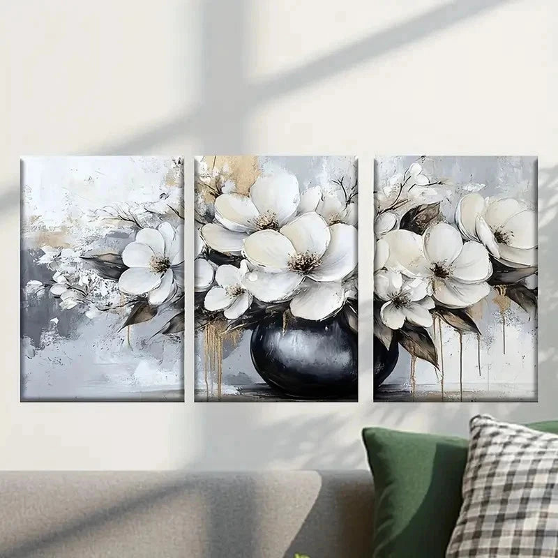 3pcs Elegant White Flowers in Black Vase Wall Art Set Canvas Framed 40x60cm - High Quality Print 100% Australian Made Wall Canvas Ready to Hang
