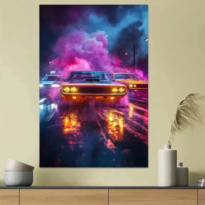 Retro Racing Night Neon Poster 40x60cm Metal Print Ready to Hang