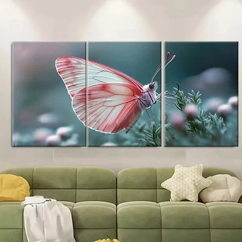 3pcs Pink White Butterfly Delicate Grassy Plant Wall Art Set Canvas Framed 50x70cm - High Quality Print 100% Australian Made Wall Canvas Ready to Hang