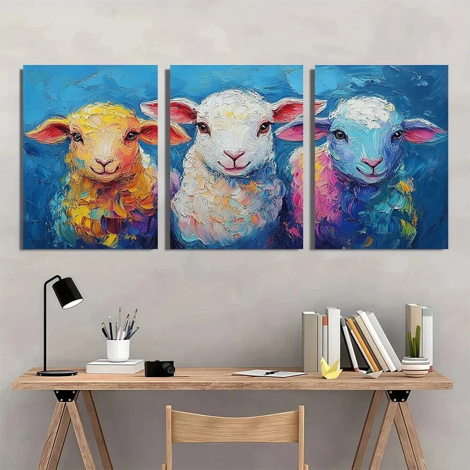 3pcs Colourful Animal Themed Sheep Metal Print Ready to Hang Art