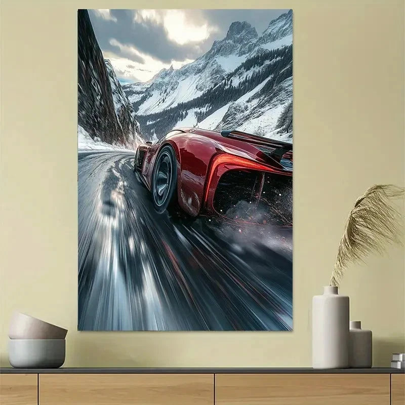 Racing Mountain Landscape Red Car Action Poster 40x60cm Metal Print Ready to Hang