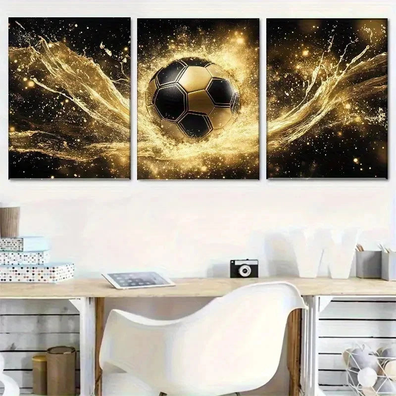 3pcs Golden Soccer with Black & Golden Football Metal Print Ready to Hang Art