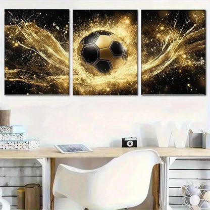3pcs Golden Soccer with Black & Golden Football Metal Print Ready to Hang Art