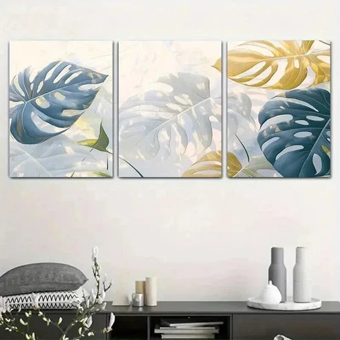 3pcs Abstract Geometric Golden & Blue Leaf Unframed - High Quality Print 100% Australian Made Wall Canvas