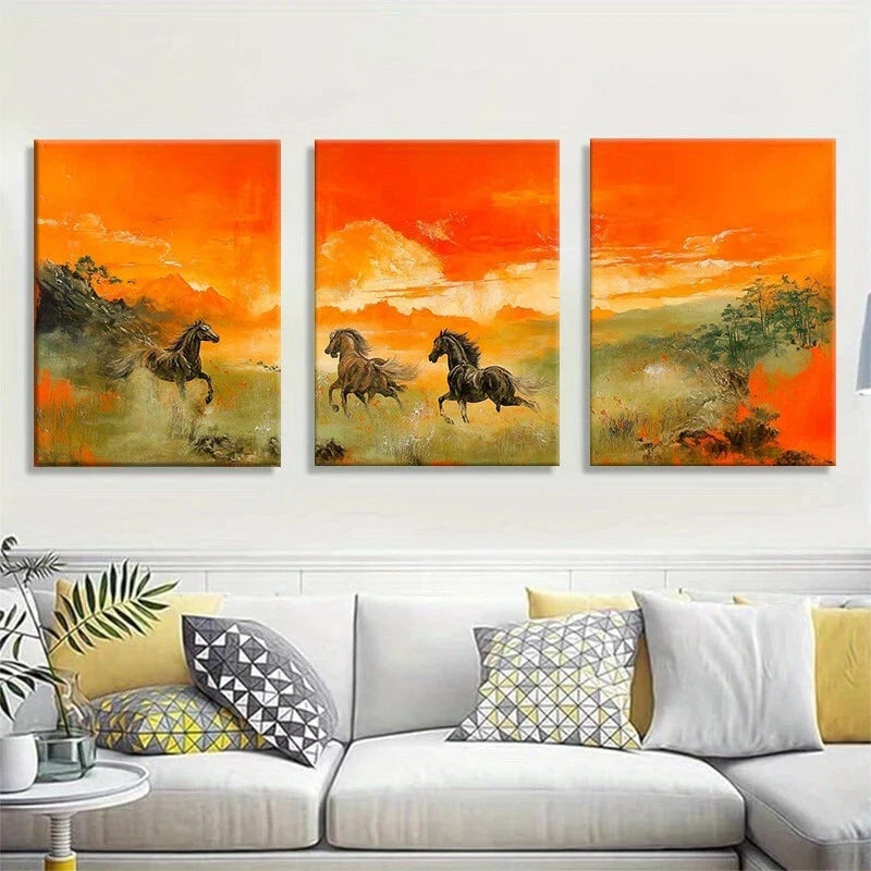 3pcs Wild Horse Sunset Vibrant Orange & Golden Metal Print Ready to Hang Art