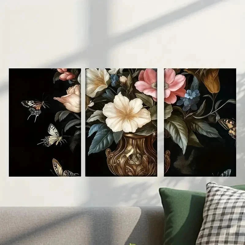 3pcs Flowers in a Vase with Butterflies Wall Art Set Canvas Framed 40x60cm - High Quality Print 100% Australian Made Wall Canvas Ready to Hang