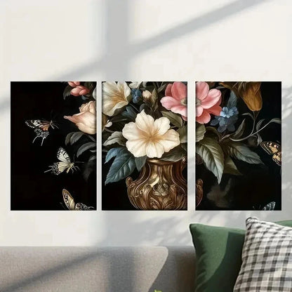 3pcs Flowers in a Vase with Butterflies Wall Art Set Canvas Framed 40x60cm - High Quality Print 100% Australian Made Wall Canvas Ready to Hang