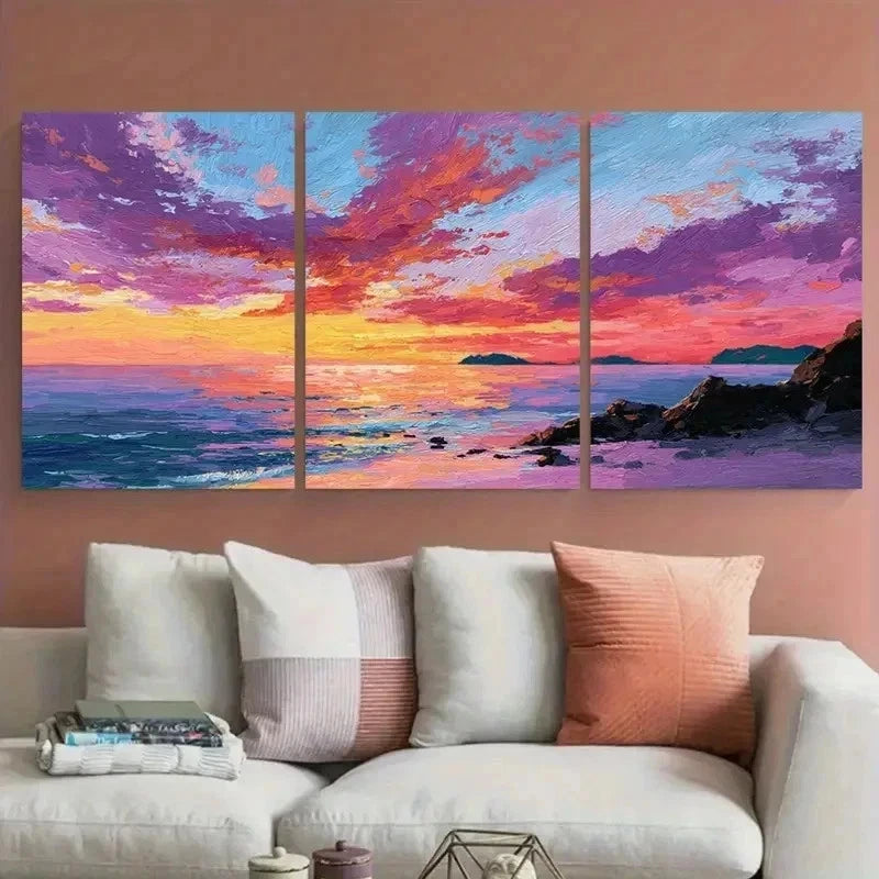 3pcs Sunset Beach Vibrant Coastal Scene Perfect Wall Art Canvas Framed 60x90cm