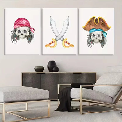 3pcs Pirate Skulls And Crossed Swords  Wall Art Set Canvas Framed 40x60cm - High Quality Print 100% Australian Made Wall Canvas Ready to Hang