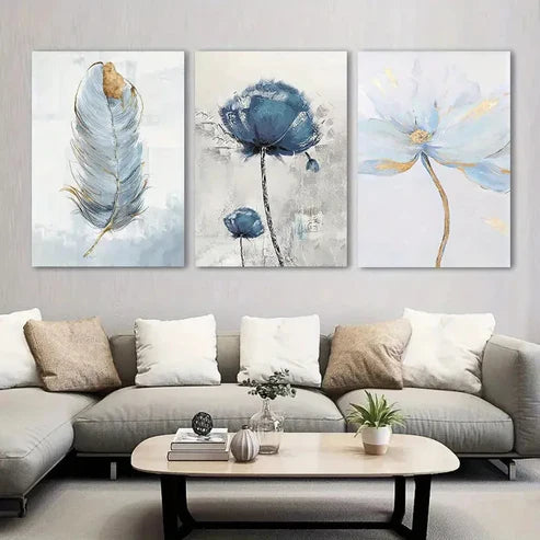 3pcs Blue Flower & Feather Wall Art Canvas Unframed - High Quality Print 100% Australian Made Wall Canvas