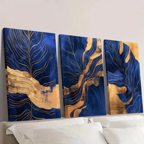 3pcs Blue and Golden Leaf and Turtle Design Wall Art Canvas Unframed - High Quality Print 100% Australian Made Wall Canvas