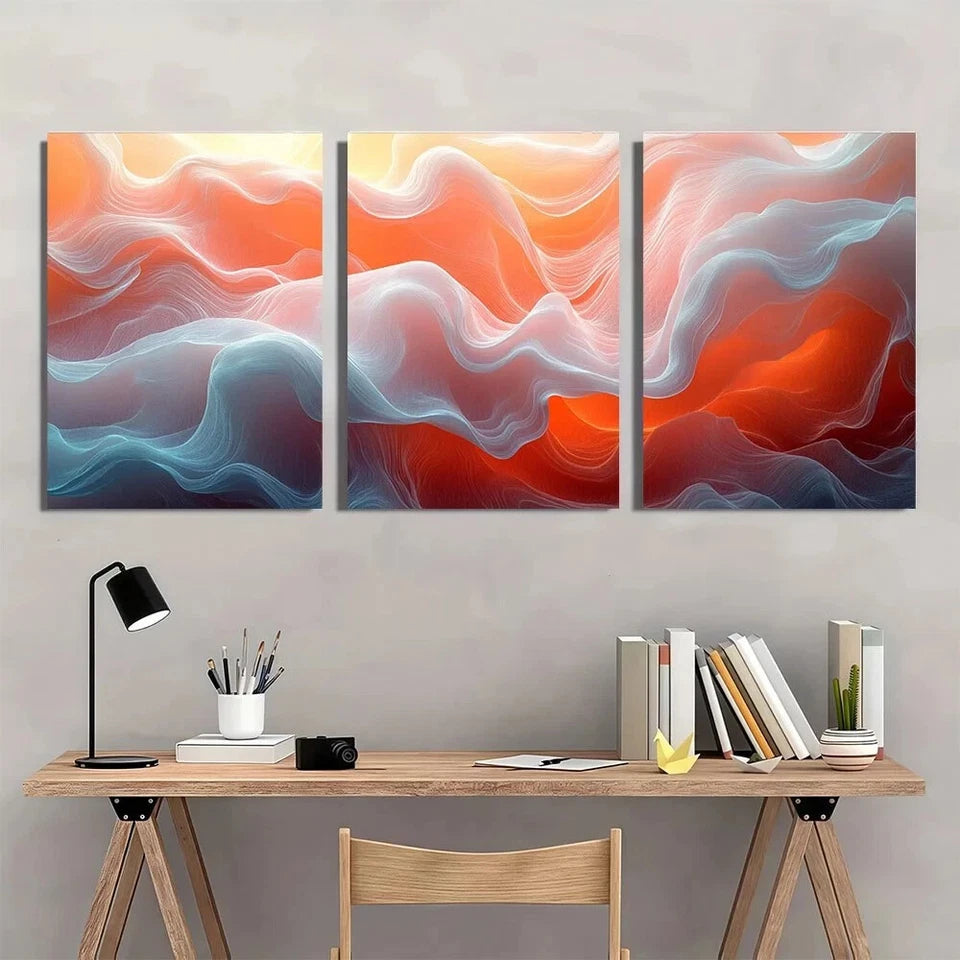 3pcs Vibrant Coral Ivory & Taupe Swirls Metal Print Ready to Hang Art