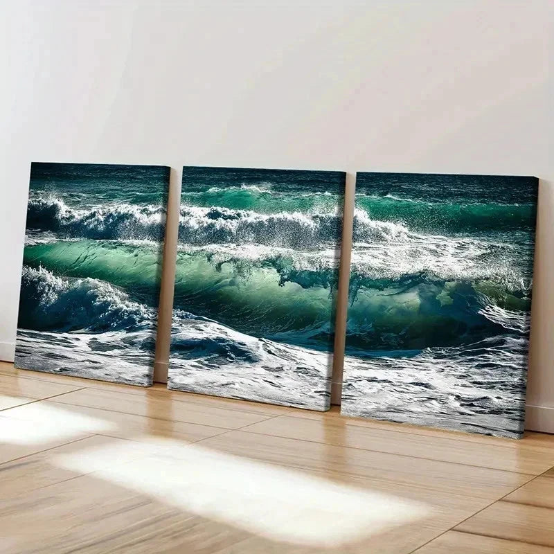 3pcs Ocean Spectacular Waves Modern Wall Art Set Canvas Framed 40x60cm - High Quality Print 100% Australian Made Wall Canvas Ready to Hang