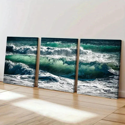 3pcs Ocean Spectacular Waves Modern Wall Art Set Canvas Framed 40x60cm - High Quality Print 100% Australian Made Wall Canvas Ready to Hang