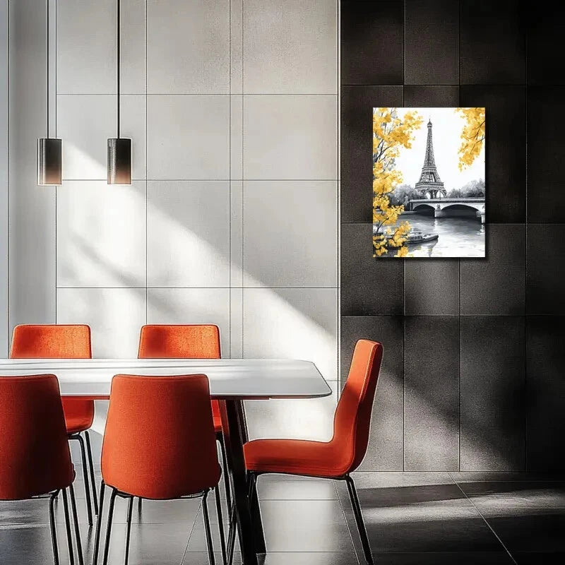 Eiffel Tower Paris Illustration With Yellow Flowers 40x60cm Metal Print Ready to Hang
