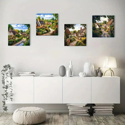 4pcs Old English Village Scene River Wall Art Canvas Framed