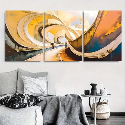 3pcs Abstract Golden Loop Bridge Metal Print Ready to Hang Art