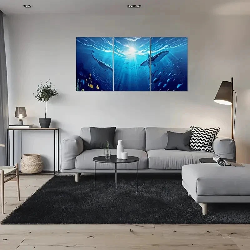 3pcs Underwater Ocean Life Blue Sea Whale Fish Metal Print Ready to Hang Art