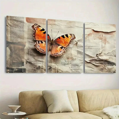 3pcs Vibrant Butterfly & Newspaper Wall Art Set Canvas Framed 50x70cm - High Quality Print 100% Australian Made Wall Canvas Ready to Hang