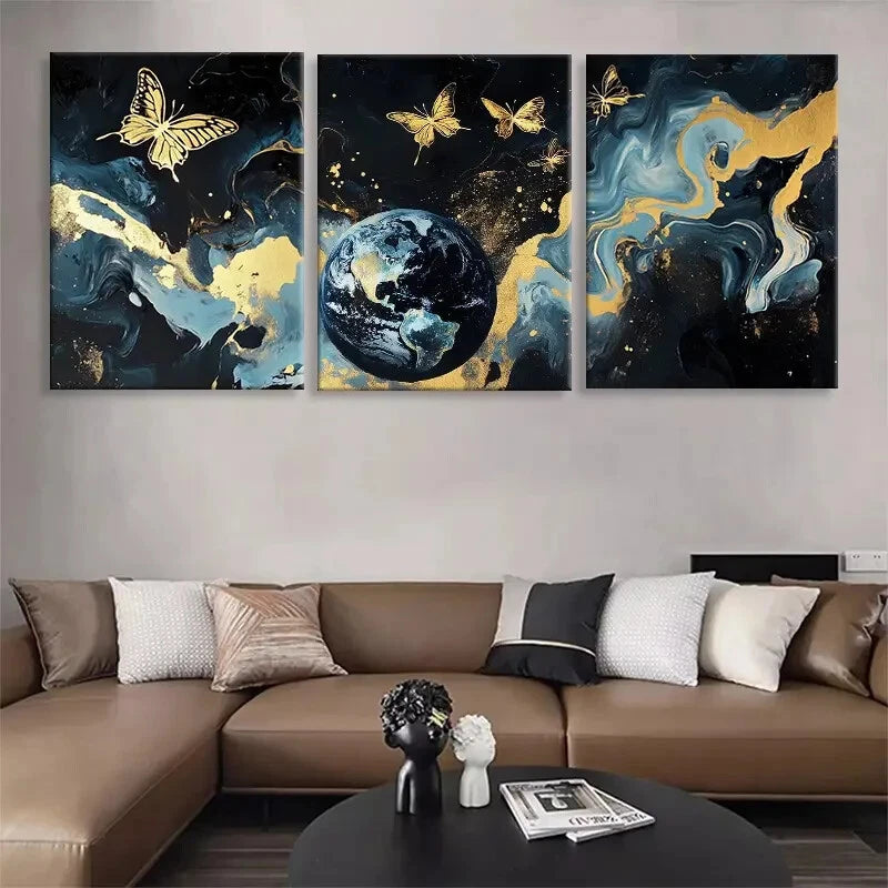 3pcs Golden Butterfly & Earth Marble Perfect Wall Art Set Canvas Framed 40x60cm - High Quality Print 100% Australian Made Wall Canvas Ready to Hang