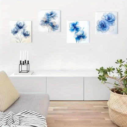 4pcs Modern Blue Floral Wall Art Canvas Framed