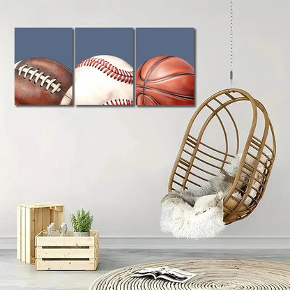 3pcs Sports Balls Football Baseball Basketball Metal Print Ready to Hang Art