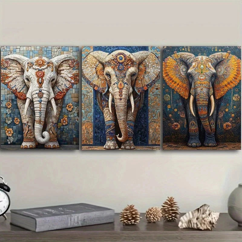 3pcs Vibrant Elephant Contemporary Style Metal Print Ready to Hang Art